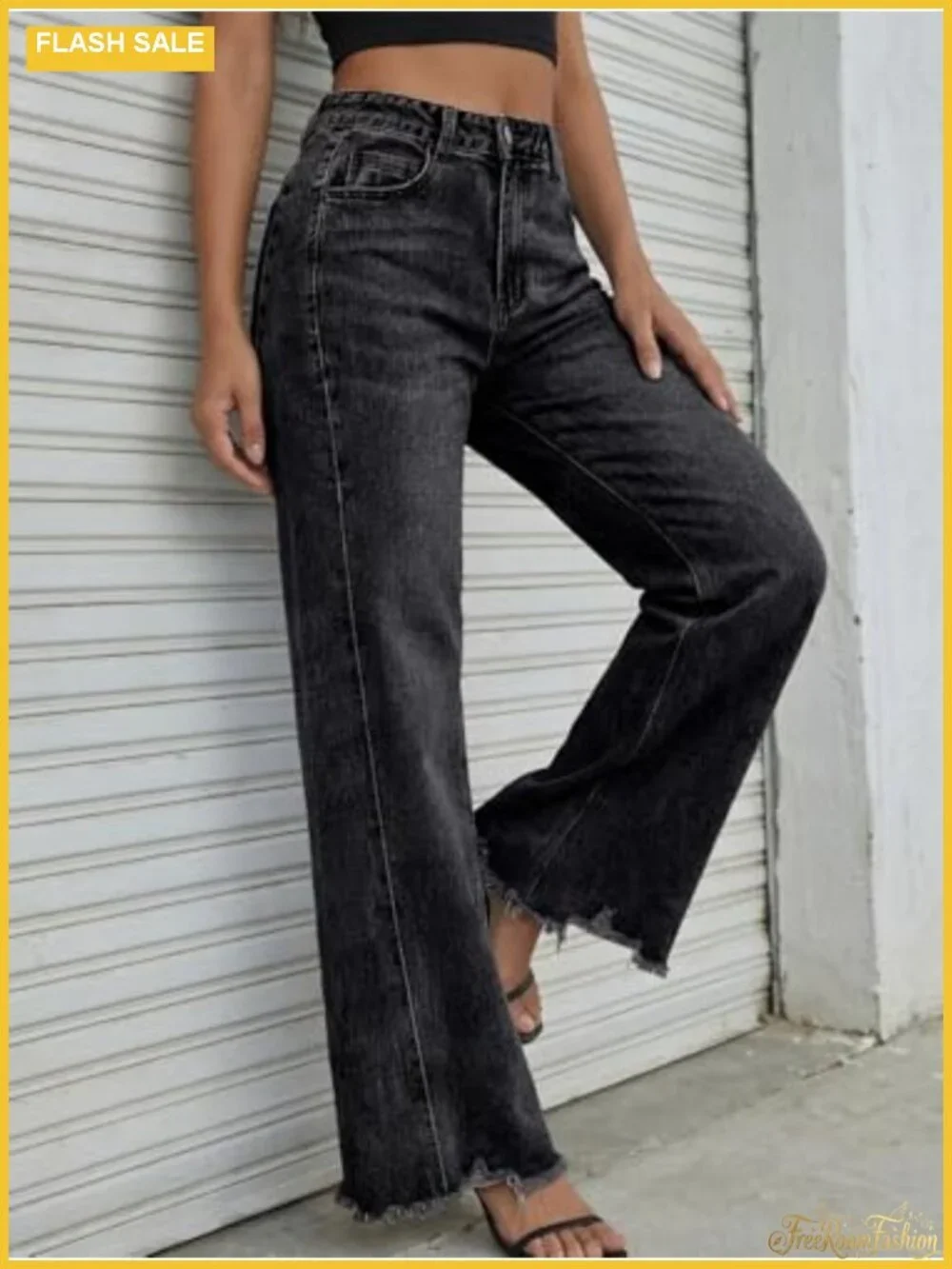 Wide Leg High Waisted Stretch Jeans Raw Hem Baggy Denim Pants
